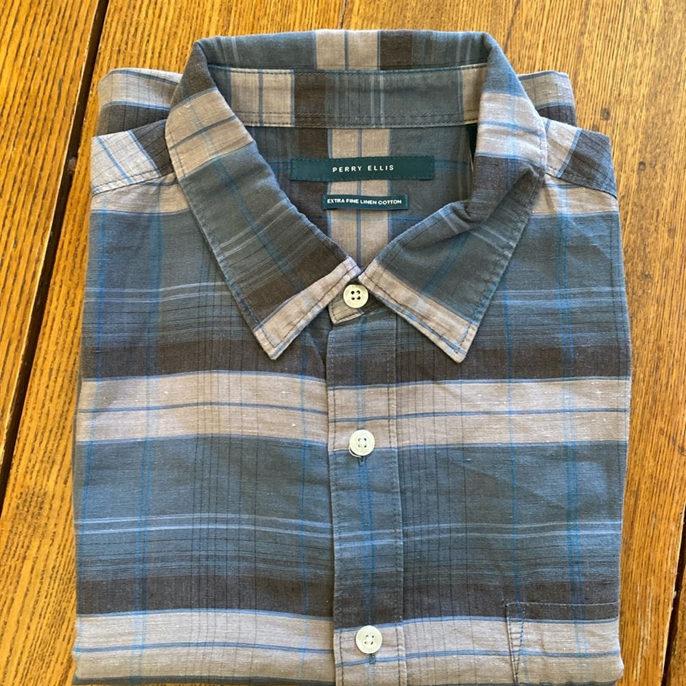 PERRY ELLIS LINEN/COTTON Blend Short-Sleeve Dress Shirt Size L